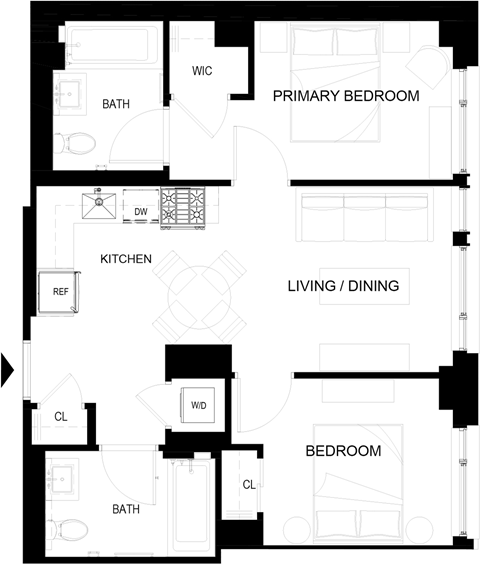 Floor plan for 2 beds, 2 baths, 656 sqft